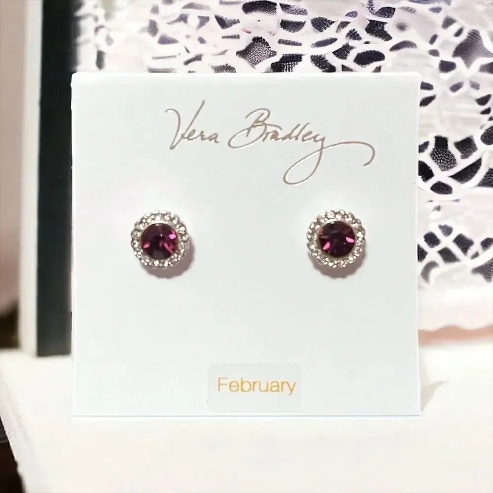 Vera Bradley February Amethyst And White Cubic Zirconia Stud Earrings NWT